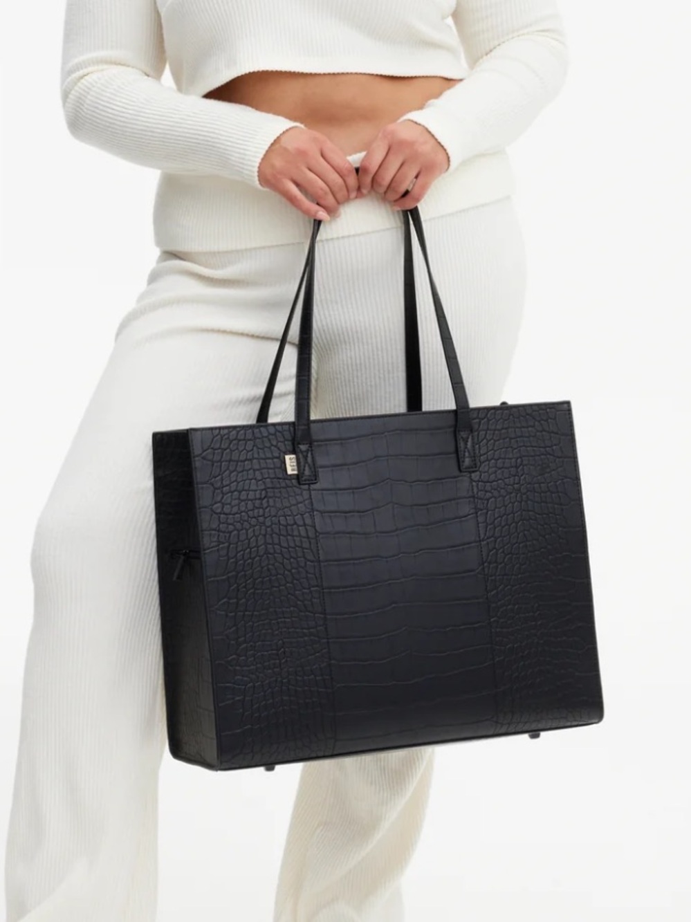 BEIS Black Croc-Embossed Tote Bag